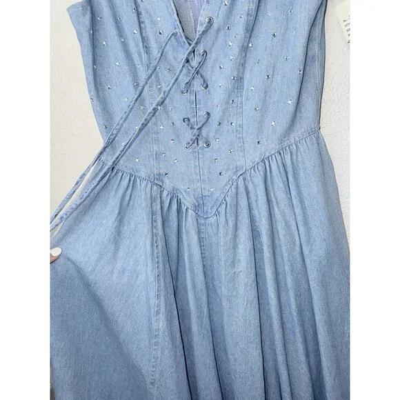Vintage Denim Tank Dress 6 Rhinestone Fit Flare Old Western 80’s Tie Front P - Picture 6 of 14